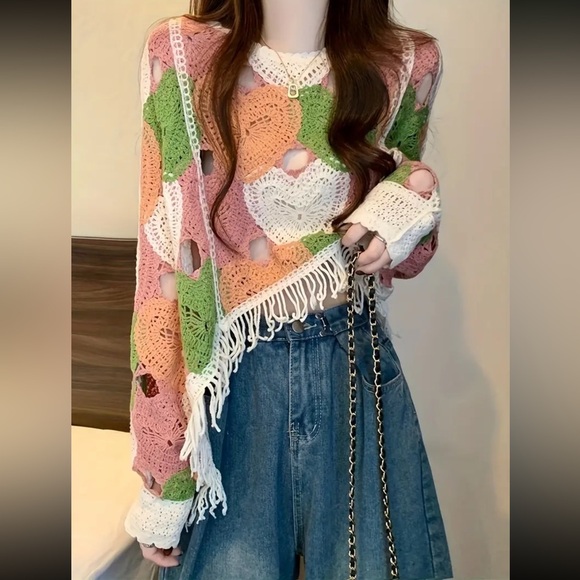 Heart crochet fringe crop top long sleeve open sweater pink green multicolor - Picture 3 of 5